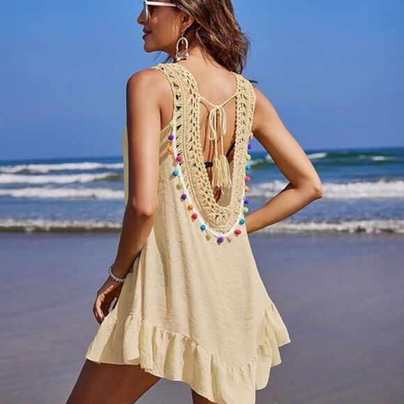 Aolro Ladies Beach Back Hollow Out Coverup in Beige NWT size small - Picture 5 of 10